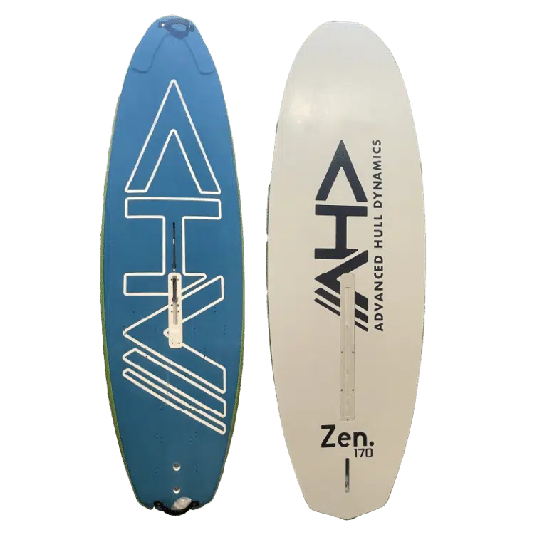 Planche de surf blanche et bleue avec les mots "zen" inscrits dessus