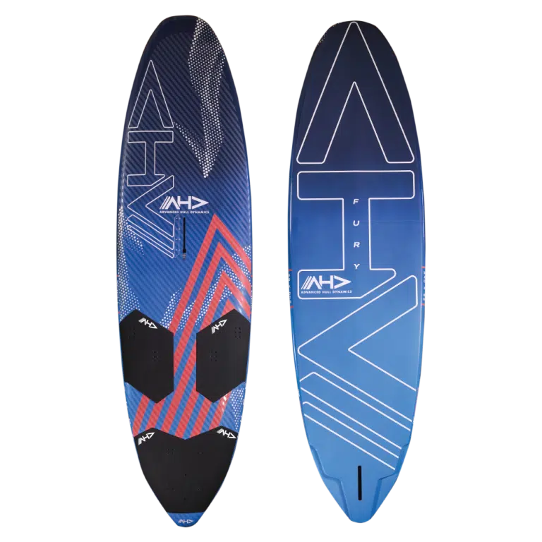 Planche de surf bleue et rouge avec les mots "atv" inscrits dessus